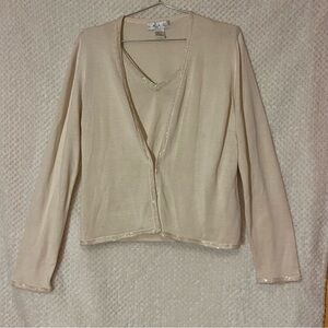 Grace Cream V-Neck Long Sleeve Cardigan and Tank Top Set Sz Large 100% Silk